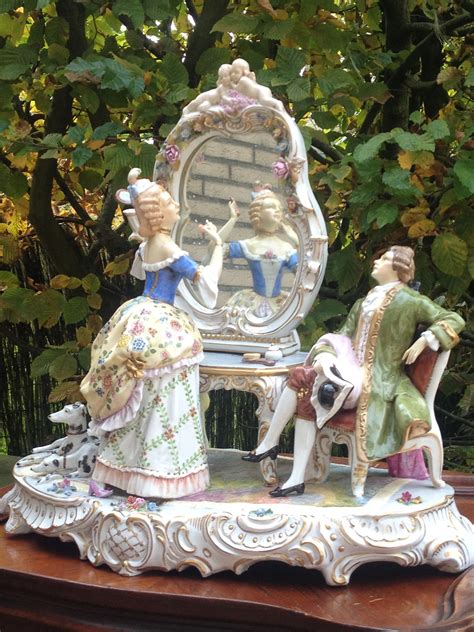 Antique Porcelain Dresden Figurine Saxe Mirror Figurine Group Floral Painting Dresden