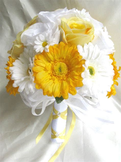 Wedding Bouquet Bridal Silk Flowers 17 Pieces Package Yellow Etsy