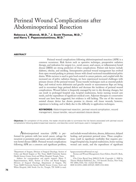 Pdf Perineal Wound Complications After Abdominoperineal Resection