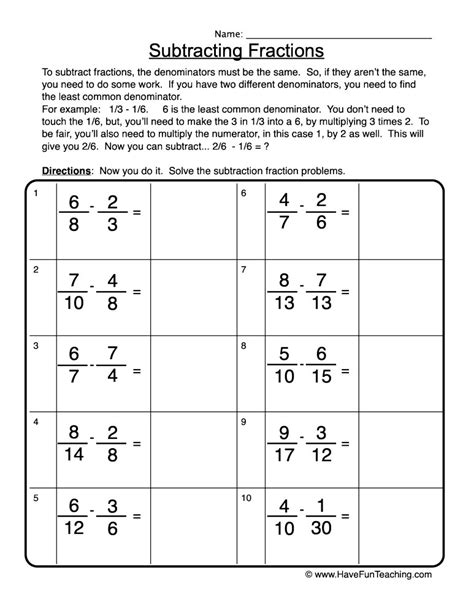 Watch this free video lesson. Subtracting Fractions Different Denominator Worksheet ...