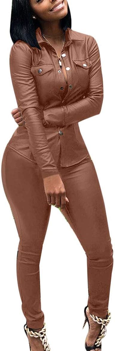 Starstreetcom Woman Sexy 2 Piece Outfits Solid Color Leather Sweat Suit Long Sleeve Front Button