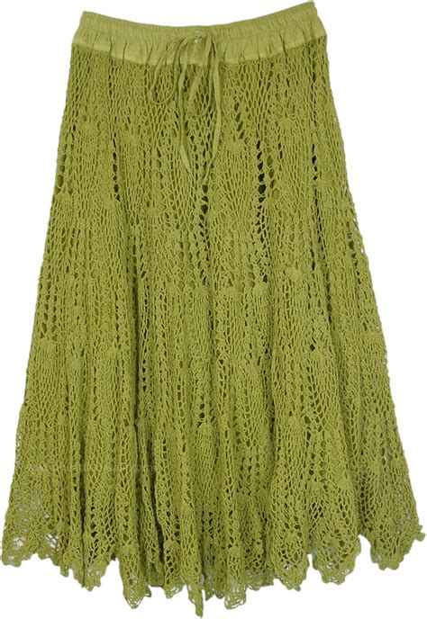 Xl Pickle Green Bohemian Crochet Cotton Long Skirt Green Crochet