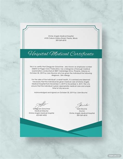 A Green And White Medical Certificate On A Marble Background With The