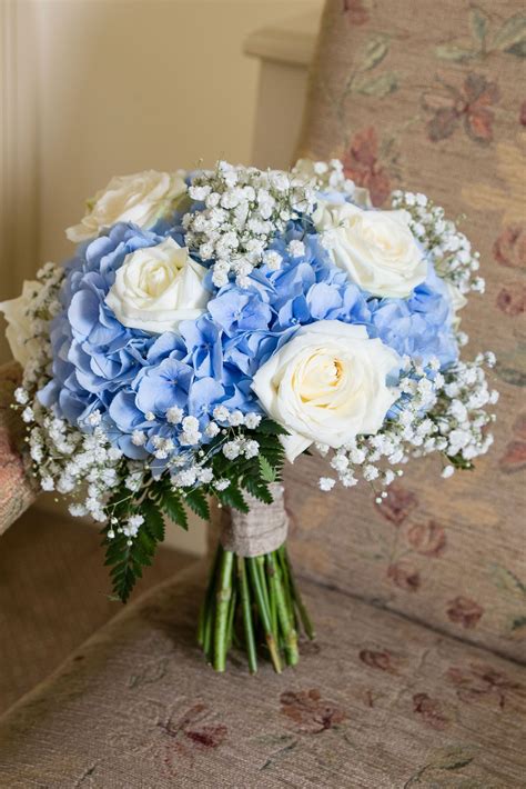 Brooklodge Wedding Bride Bouquet Blue And White Roses And Hydrangeas