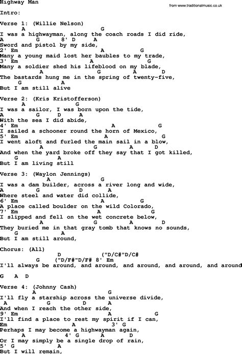 Johnny Cash Song Highway Man Lyrics And Chords