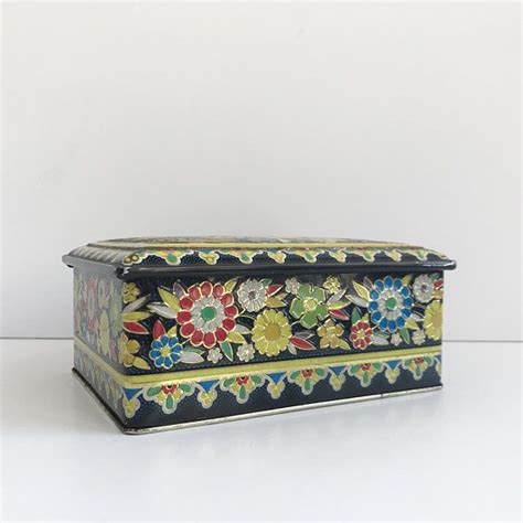 Vintage Embossed Floral Tin Box With Hinged Lid Black Floral Etsy