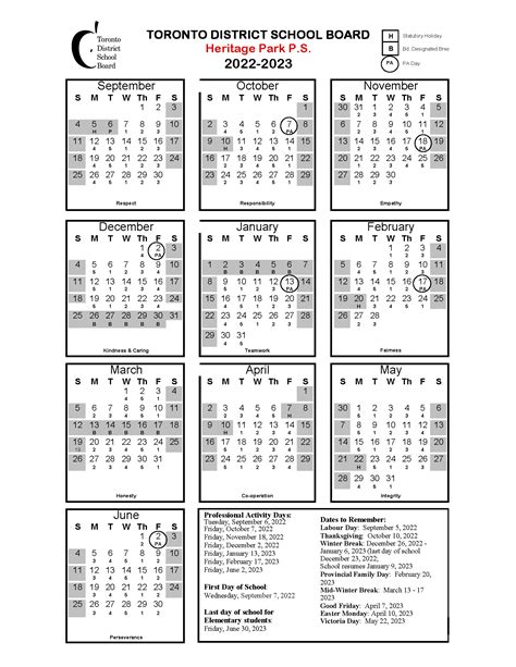 Heritage Park Public School School Calendar