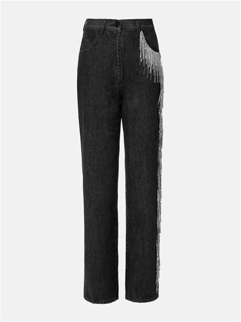 Lichi Online Fashion Store Straight Leg Jeans With Rhinestone Fringe