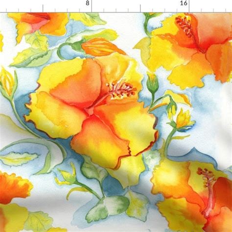 Watercolor Fabric Yellow Orange Hibiscus Tropical Floral Etsy