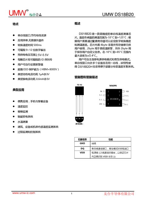 The ds18b20 manufactured by dallas and maxim is a very simple to use temperature sensor with a tolerance of ±0.5°c. DS18B20_（UMW(友台半导体)）DS18B20中文资料_价格_PDF手册-立创电子商城