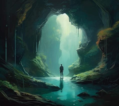 Premium Ai Image A Man Stands In Front Of A Cave That Has A Light On It