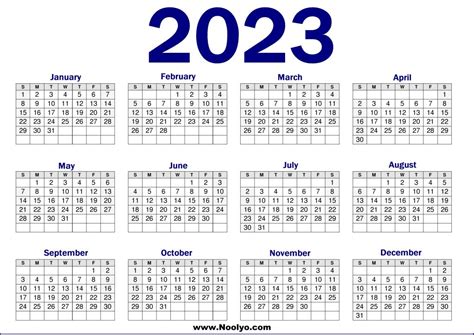2023 Yearly Calendar Printable One Page Calendars Pri