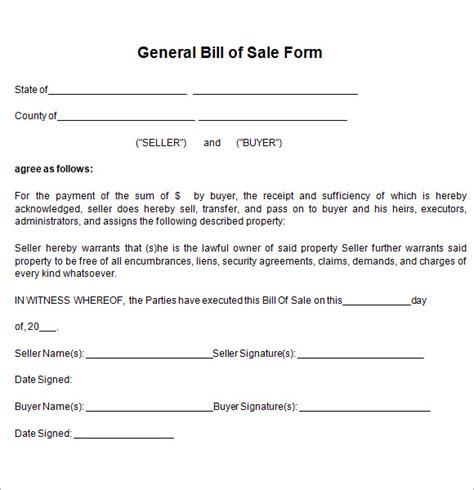 General Bill Of Sale Form Free Download For Pdf Sample Templates