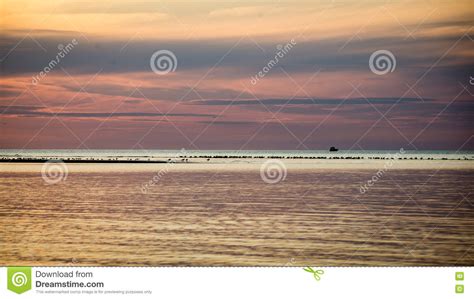 Beautiful Summer Sunset At The River With Blue Sky Red And Oran Stock