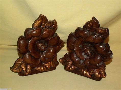 Syroco Wood Flower Magnolia Rose Set 2 Pair Bookends Book Ends Usa