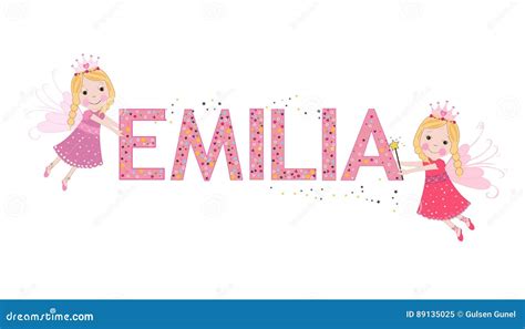 Emilia Female Name With Cute Fairy Tale Stock Vector Illustration Of