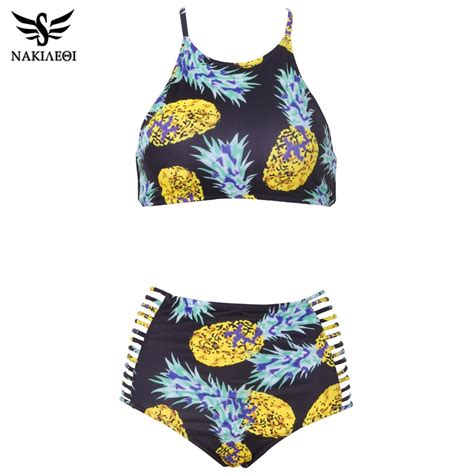 nakiaeoi high neck bikini women swimwear high waist swimsuit 2019 retro green print floral crop
