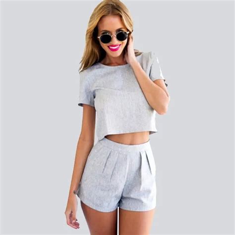 2pcs summer fashion women women s sets 2 pieces set gray short sleeve t shirt shorts in women s