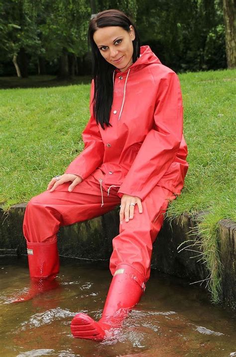 Red Rain Suit And Wellies Rubber Boots In Water Rainwear Girl Rain Wear Red Raincoat