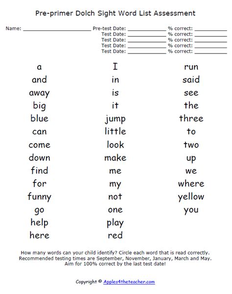 Pre Primer Dolch Sight Word List Assessment Dolch Sight Words Sight