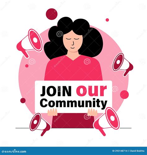 a girl with a sign join our community advertising illustration in red colors and with