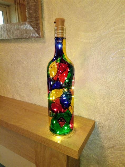 Light Up Wine Bottle Lamp Gift Hand Painted Stained Glass Etsy