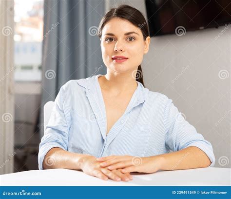 Woman Sitting At Table In Living Room Stock Image Image Of Charm