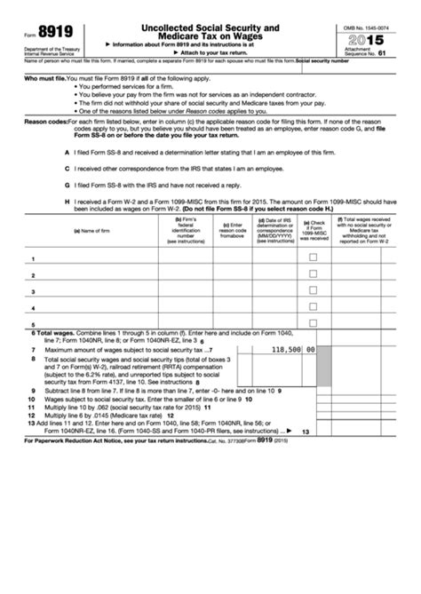 Fillable Form 8919 Uncollected Social Security And Medicare Tax On