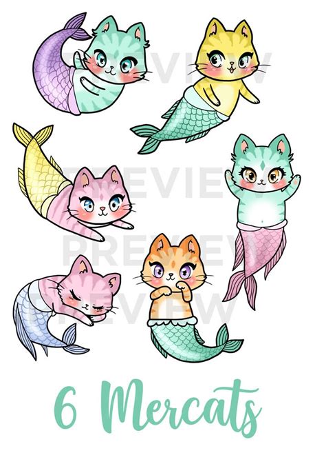 Kawaii Mercat Clipart Cat Mermaid Clipart Mermaid Kitty Etsy Uk