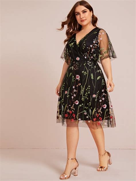 Plus Floral Embroidered Mesh A Line Dress Shein Usa Plus Size