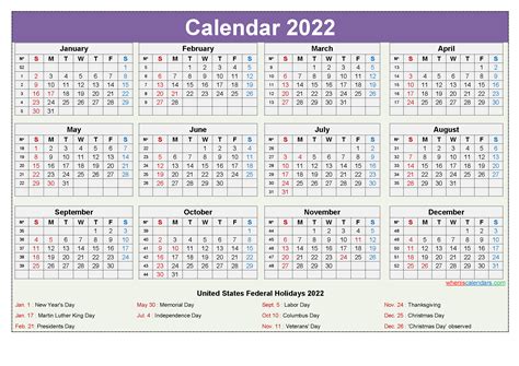Printable Yearly 2022 Calendar With Holidays Word Pdf