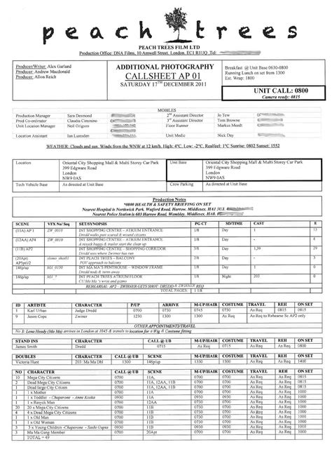 Example Of A Real Call Sheet The Template You Will Use Will Be