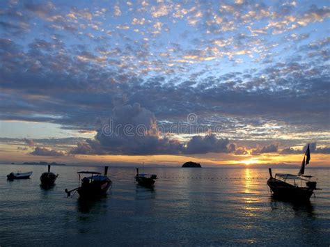 Long Tail Boats On Tropical Beach At Sunrise Koh Lipe Island Thailand