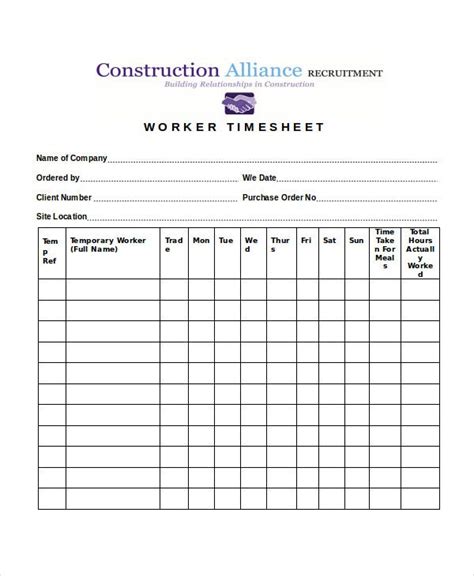Construction Timesheet Template Free