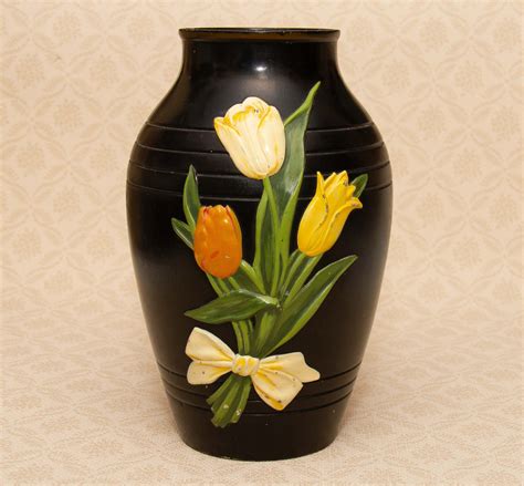 Brentleigh Ware Marden Large Black Vase Tulips Design 1950s