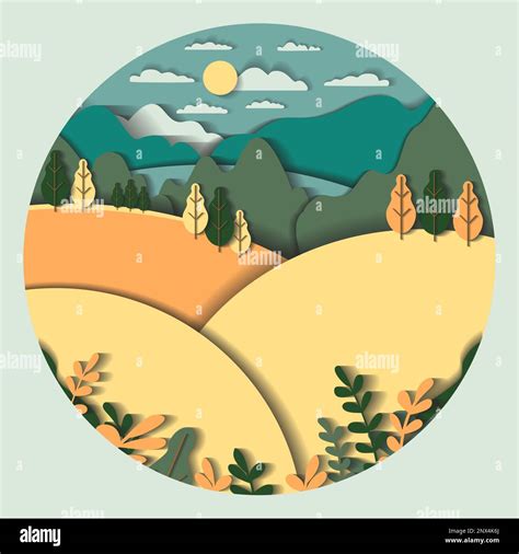 3d Vector Paper Cut Landscape With Mountains Hills Field Tree