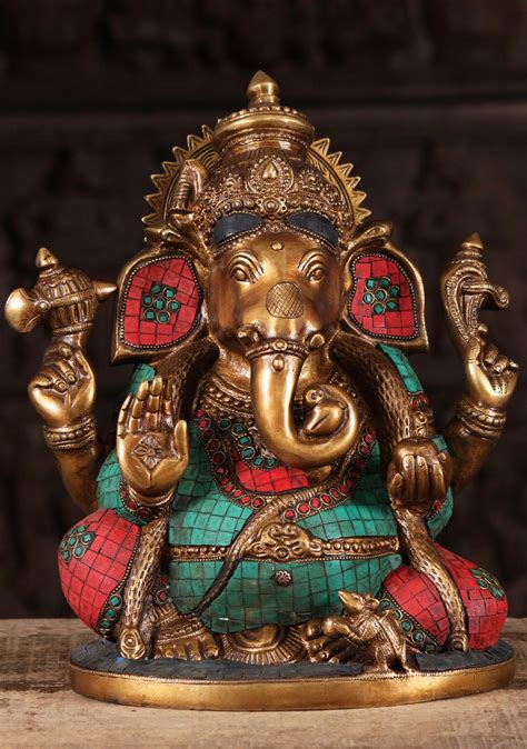 Sold Brass Statue Of Hindu God Ganesh With Colored Stones Holding A