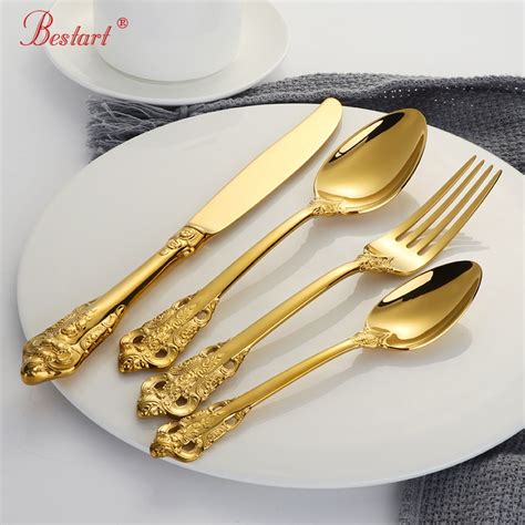 Check spelling or type a new query. 1lot/24 Pcs Luxury Gold Cutlery Set Gold Plated 18/10 Stainless steel Dinnerware Set Dinner Fork ...
