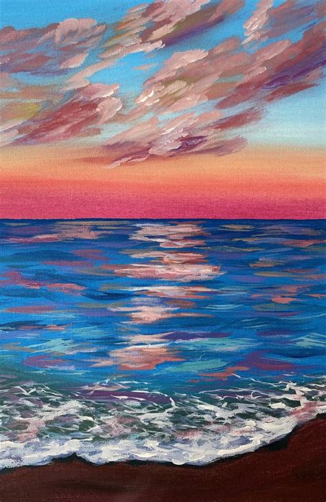 Pink Sunset Ocean Colorful View Small Painting Acrylic Canvas Painting