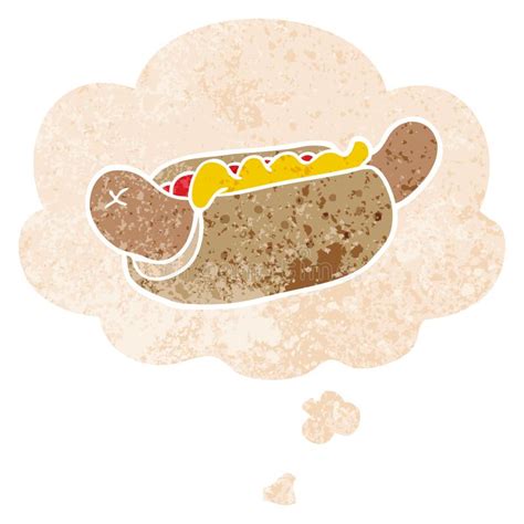 A Creative Cartoon Hot Dog And Thought Bubble In Retro Textured Style