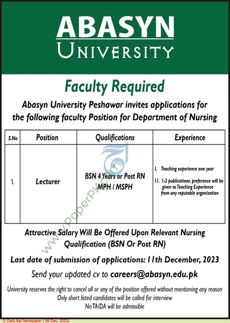 Lecturer Jobs In Peshawar At Abasyn University On December 082023