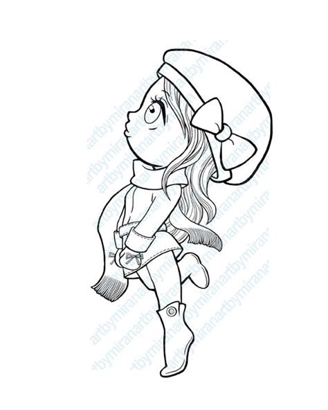 Winter Digital Stamp Coloring Page Girl Wear Hat And By Artbymiran
