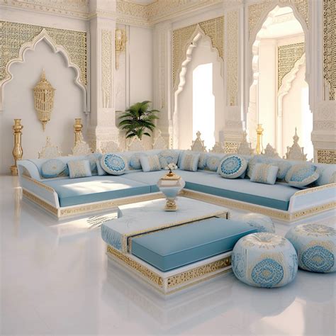 White And Blue Traditional Majlis Seating Interior Design With Long