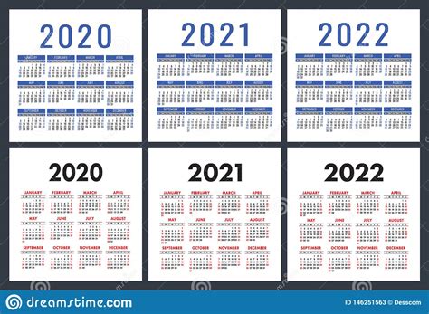 Calendar 2020 2021 2022 Years Pocket Calender English Vector Set