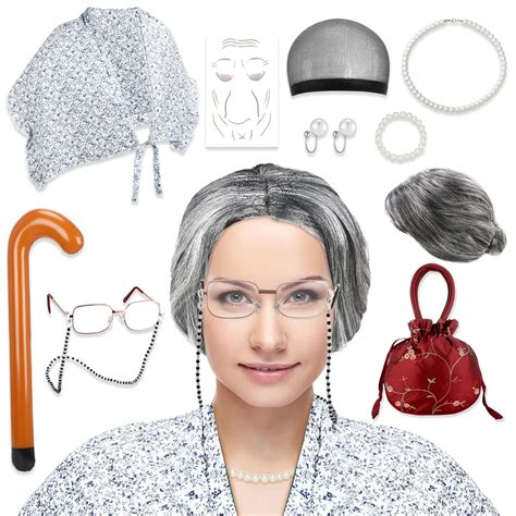 Buy 11 Pcs Old Lady Costume Grandma Cosplay Costume Set Wig Glasses Chain Pearl Beads Necklace