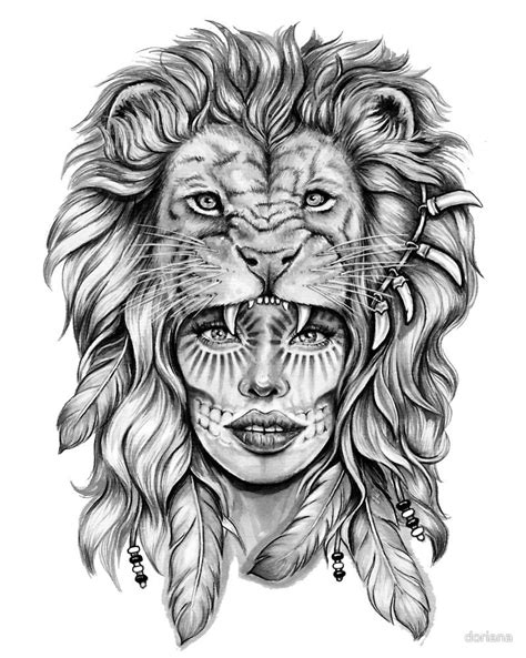 Girl With Lion Head By Doriana Girl Face Tattoo Lion Head Tattoos Lion Tattoo