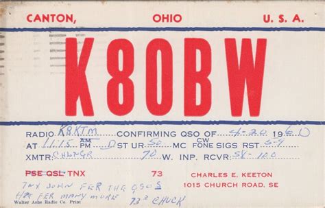 Vintage Amateur Ham Radio Qsl Postcard K8obw Charles E Keeton 1960 Canton Ohio Ebay