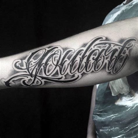 Shaded Script Black And Grey Male Inner Forearm Tattoos Tattoo Script Cursive Tattoos