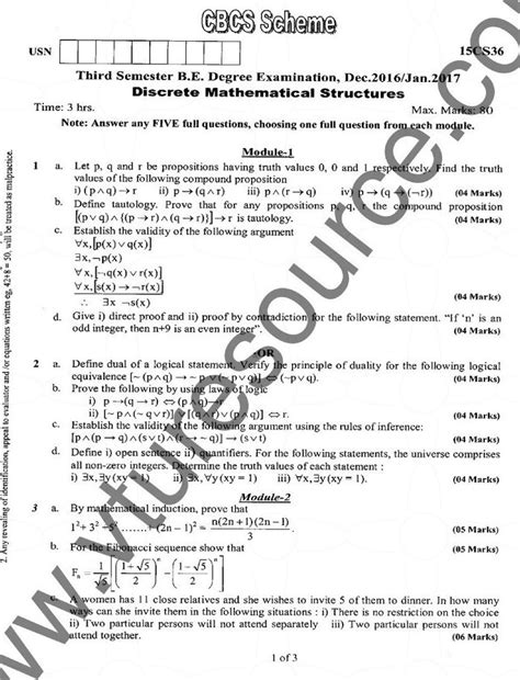 Vtu Be Rd Semester Cse Question Paper Discrete Mathematical Structures Dec Jan