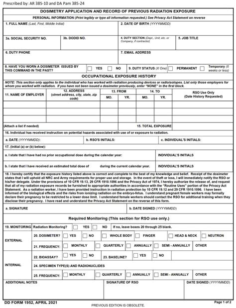 Dd Form 1952 Dosimeter Application And Record Of Previous